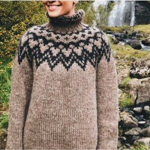 Hand knit pureIceland brown black fair isle mockneck Icelandic wool lopapeysa M